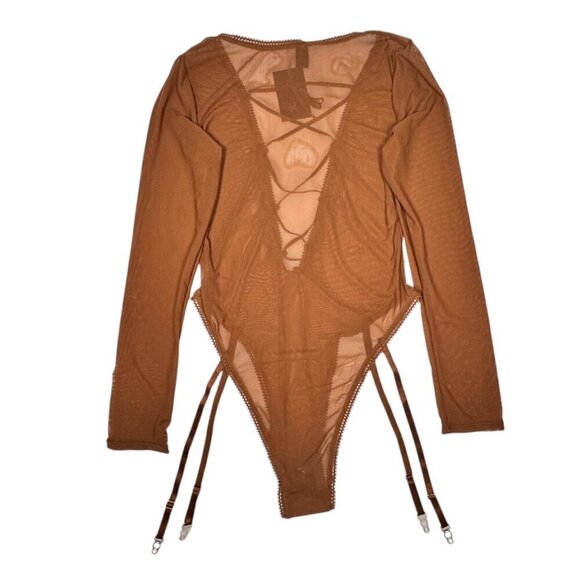 NWT Frederick's of Hollywood Mesh Bodysuit Teddy Sz.M Brown  Sheer Garter Sexy - Picture 7 of 7